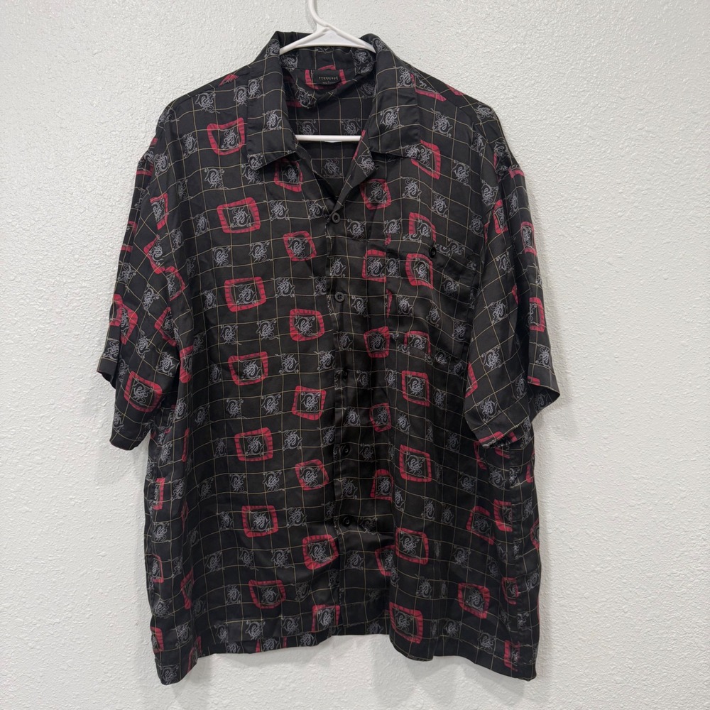 Cambridge Classics Mens Large 100% Silk Dragon Grid Button Down Shirt Black Red